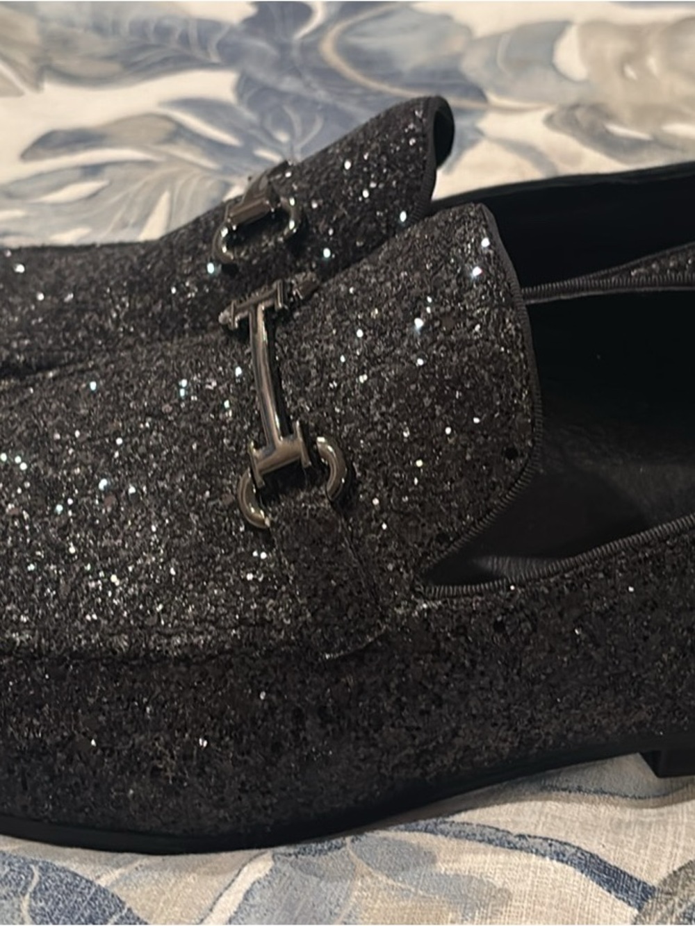 Men's Black Glitter Slip-On Loafers with Silver Bit